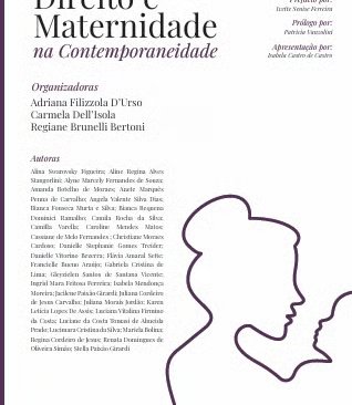 Capa do livro “Direito e Maternidade na Contemporaneidade”, com ilustração em traços de uma mulher e uma criança.